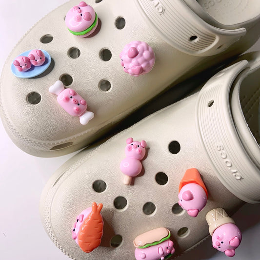 🐷 Piggy Foodie Shoe Charms – 9 Piece Set 🍔🍦🍣