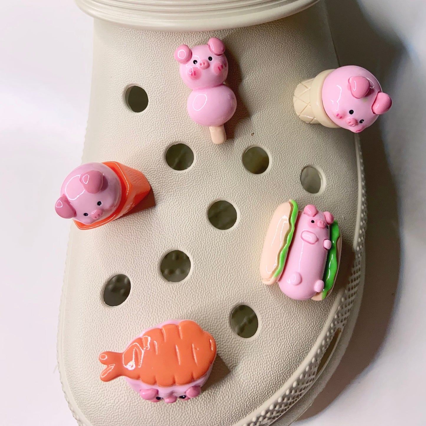 🐷 Piggy Foodie Shoe Charms – 9 Piece Set 🍔🍦🍣